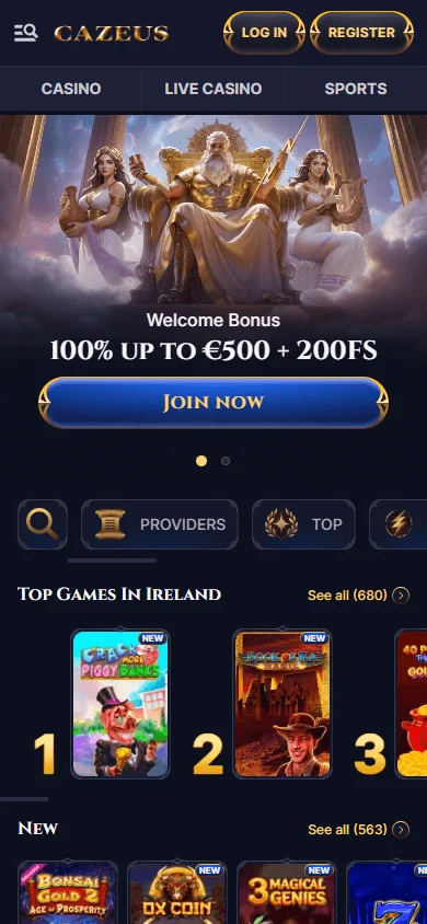 Cazeus Casino mobile browser home screen