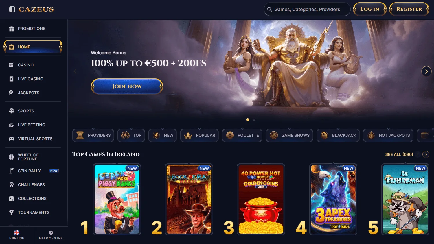 Cazeus Casino desktop home screen with casino and promotional features