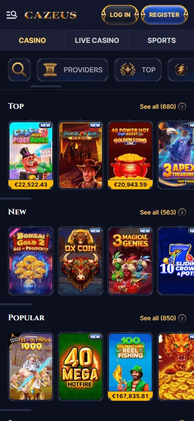 Cazeus Casino mobile browser games area