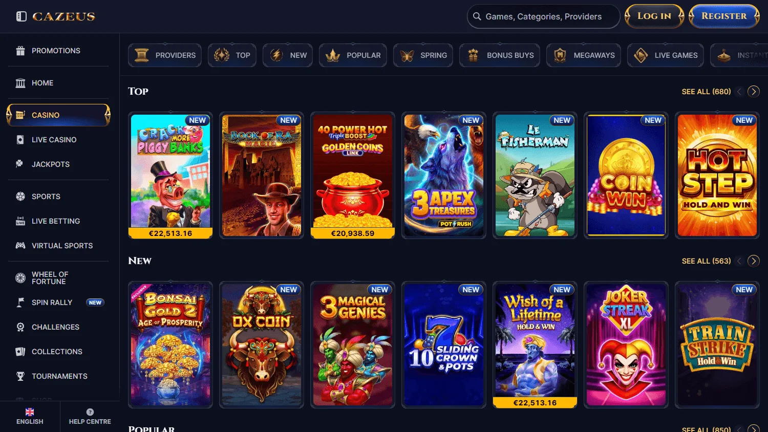 Cazeus Casino desktop games area with casino game categories