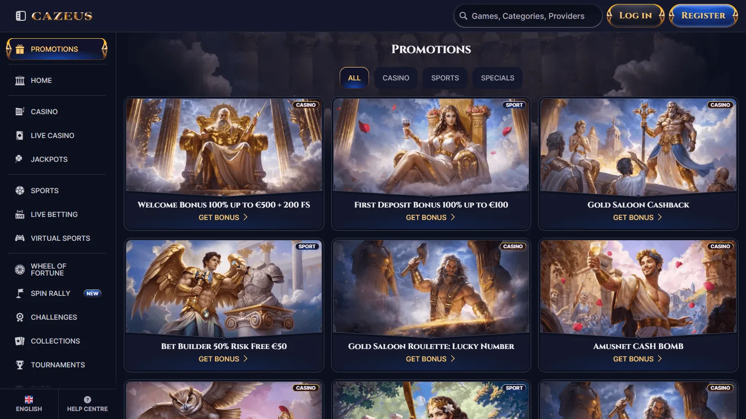 Cazeus Casino desktop promotions area with bonuses and rewards